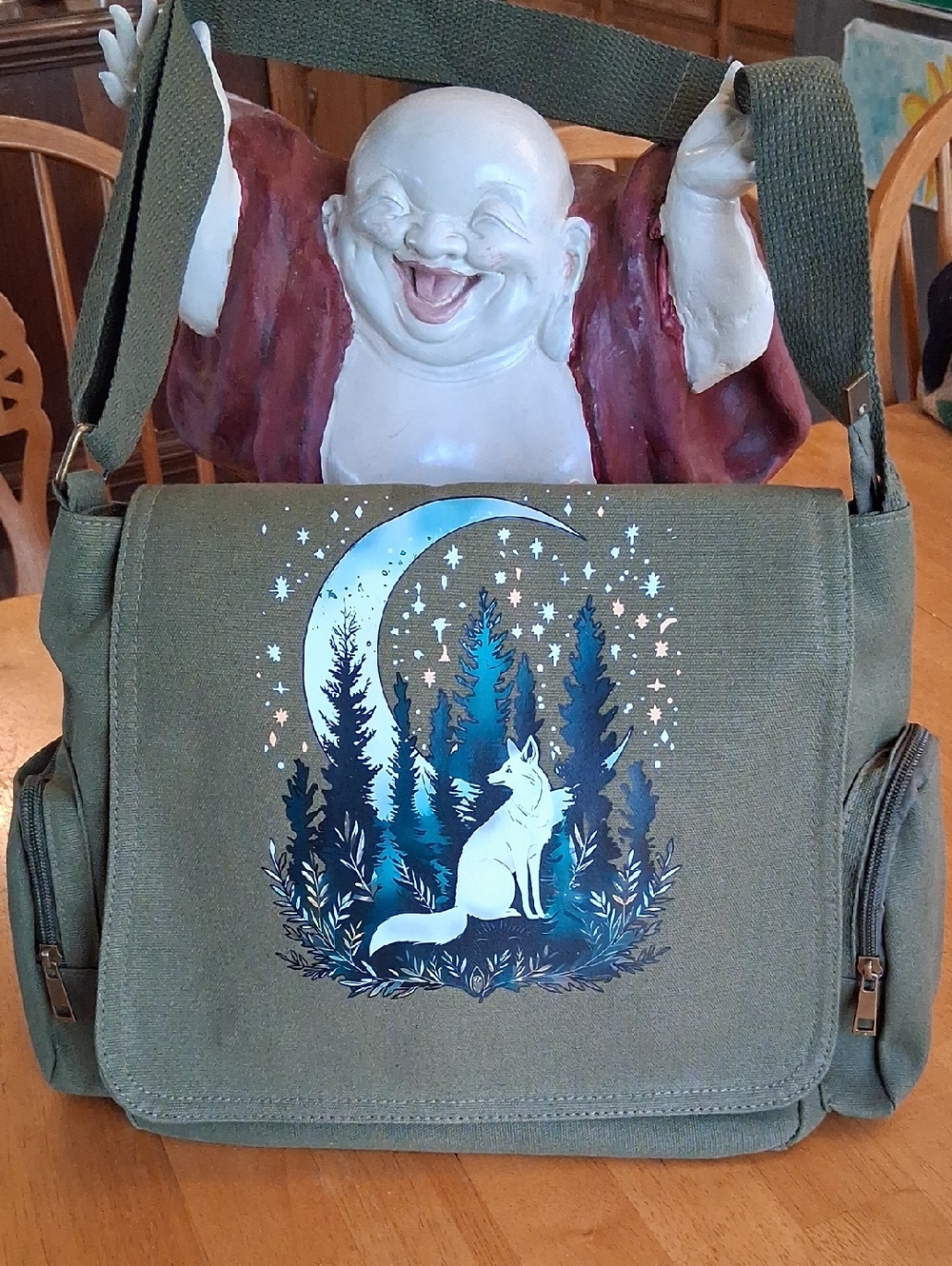 Source Unknown Olive Green Canvas Crossbody Bag with Fox and Moon Design